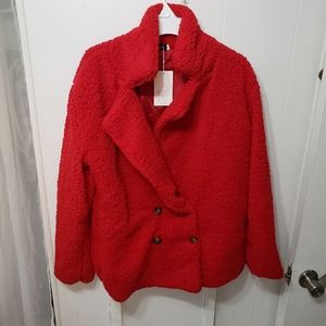 Double Breast Red Teddy Peacoat W/Pockets